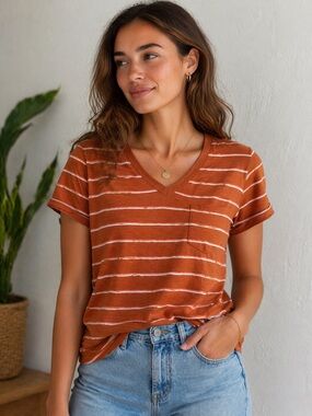 Universal Thread Monterey V-Neck Pocket Tee | Earthy Rust Striped Organic Vibe S